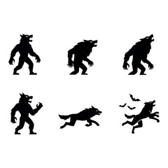 Set of werewolf Halloween icons in modern flat silhouette style