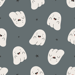 Happy Halloween seamless pattern with cute ghosts. Flat vector background. Halloween design. Creative texture for fabric, wrapping, textile, wallpaper, apparel.	