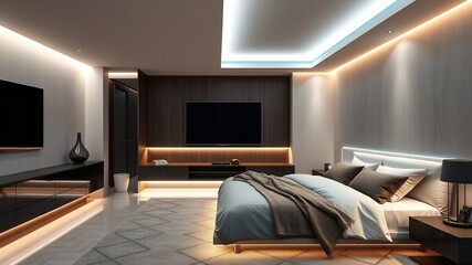 Fototapeta premium A beautifully designed bedroom with ambient lighting showcases a modern minimalist style and a calming atmosphere for relaxation and restful sleep at night.