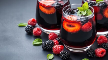 Refreshing Berry Sangria: Close-Up of Glasses with Strawberries, Blackberries, Raspberries, and Mint on a Dark Background