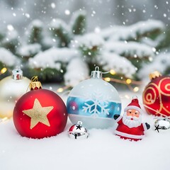 Festive Christmas Ornaments in Snowy Winter Scene with Santa Claus Figurine.