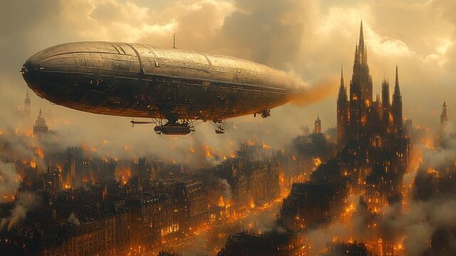 Airship Over Burning City - A Steampunk Fantasy.