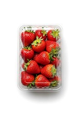 Fresh Strawberries in a Clear Plastic Container on White Background.