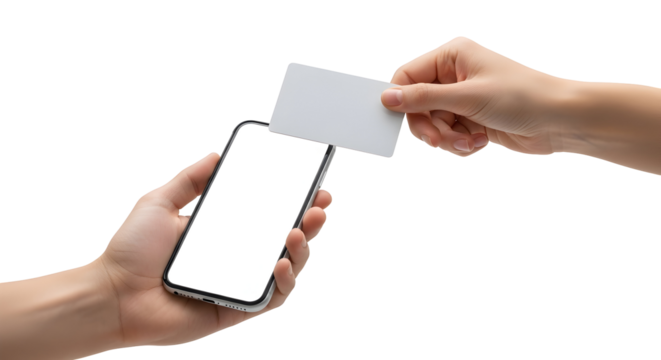 Mobile Payment Hand Holds Phone and Card Contactless Purchase Concept - Powered by Adobe