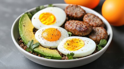Healthy Breakfast Bowl with Boiled Eggs, Sausage Patties, and Avocado - Nutritious and Balanced Meal for a Great Start to the Day.