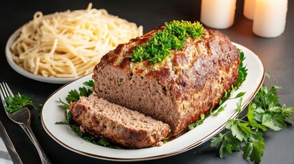 Classic Meatloaf with Spaghetti on a White Plate, Traditional Comfort Food Dinner with Parsley Garnish
