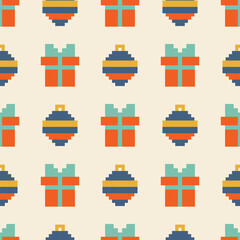 Seamless pixel art pattern featuring colorful Christmas gifts and ornaments. This vector illustration is perfect for holiday-themed designs, wrapping paper, and festive decorations.