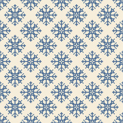 Seamless Pixel Snowflake Pattern Vector Illustration. Blue pixel snowflakes on a light background