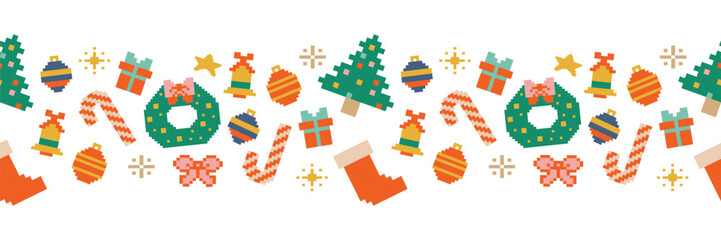 Colorful Christmas Seamless border. Vibrant pixel art decorations, including Christmas tree, presents, ornaments, candy canes, and a wreath