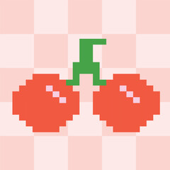 Pixel Art Cherry Vector Illustration on Checkered Background. Simple, retro style design ideal for digital art projects.
