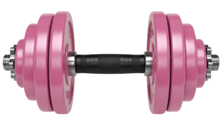 Shiny black dumbbell with adjustable weight plates for fitness training. Isolated on transparent
