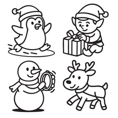 Fototapeta premium Penguin skating, elf with gift, snowman with tambourine, reindeer, festive, cheerful