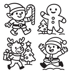 Elf holding candy cane, gingerbread man, reindeer with gift, Santa near Christmas tree, joyful