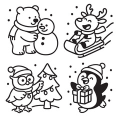 Bear snowman reindeer sled owl tree penguin gift winter holiday cute cartoon
