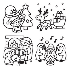Obraz premium Christmas snowman elf tree reindeer sleigh gift Santa fireplace penguin