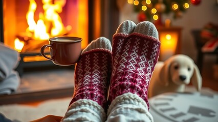 Cozy Winter Socks and Hot Drink by Fireplace