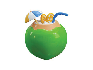 Coconut drink icon 3d render concept of coconut with umbrella and strow with lemon luxury drink icon vector illustration