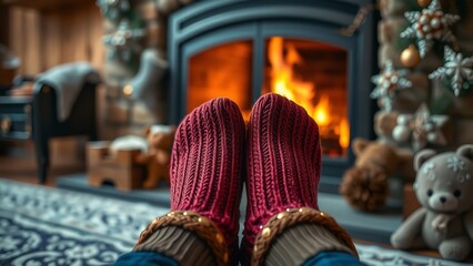 Cozy Winter Socks and Hot Drink by Fireplace
