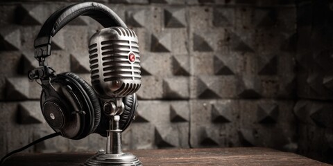Professional Retro Podcast Microphone with Headphones and Acoustic Foam Background for Authentic Vintage Audio Content Creation and Marketing