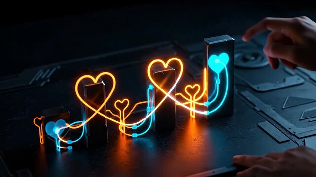 Hand interacting with glowing heart shapes on digital interface. Connection between hearts and data visualization, love concept footage. - Powered by Adobe