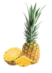 Fresh ripe tropical pineapple, a juicy yellow exotic fruit and healthy raw food object isolated on a white background