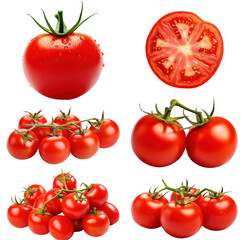 A set of fresh ripe red tomatoes, a healthy raw vegetable ingredient for a vegetarian diet, isolated on a white background