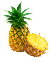 A fresh ripe tropical pineapple fruit with green leaves, a healthy food object isolated on a white background