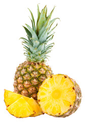 A fresh ripe juicy yellow pineapple, a sweet tropical fruit with green leaves, isolated on a white background
