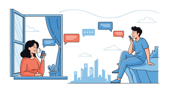 People communicating online using smartphones and sending messages to each other through the airwaves. 