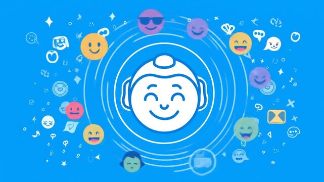 Animated character head with speech bubbles and emoticons on a blue background