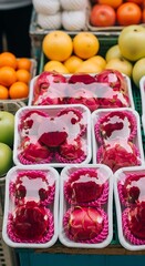 Fresh Produce Display - Fruits and Packaged Goods at a Market.