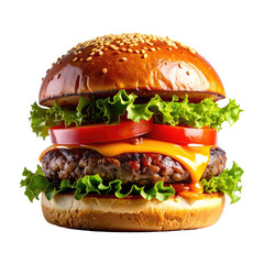 Juicy burger with sesame bun, lettuce, tomato, & melted cheese. Delicious food