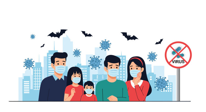 Family wearing masks to protect themselves from a virus outbreak in the city. - Powered by Adobe