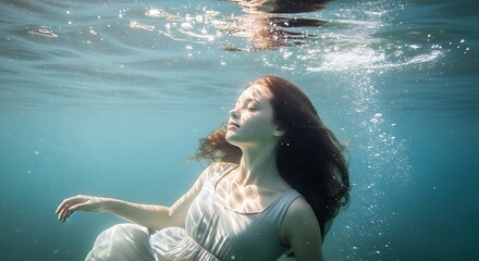 Underwater Serenity - Woman in White Dress Floating Peacefully.