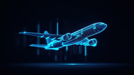 shipping transportation cost-effective. Digital illustration of a futuristic airplane in a blue wireframe design.