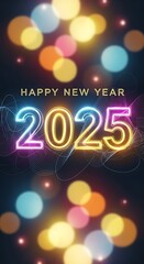 Happy New Year 2025 Celebration with Bokeh Lights and Neon Numbers.