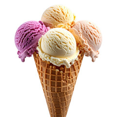 Colorful ice cream scoops in waffle cone on black background