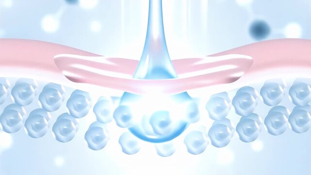clear drop with collagen molecules penetrates the skin, igniting a burst of light from deep within that lifts and smooths wrinkles for a youthful appearance. 3D rendering.