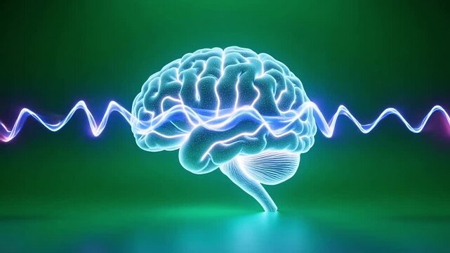 Glowing human brain illustration with neural wave energy, representing thought and consciousness.