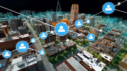 Aerial view of a futuristic city with digital connections illustrating urban networking and technology - Powered by Adobe