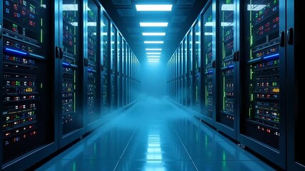 Futuristic server room with glowing blue lights and data streams, representing advanced technology and digital information flow. - Powered by Adobe