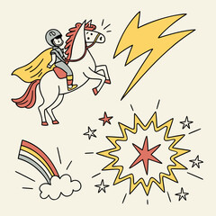 Child riding a horse with cape and lightning