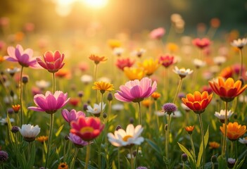 Obraz premium Colorful Meadow Flourishing with Wildflowers Under Bright Spring Sunshine Landscape Blissful Scene