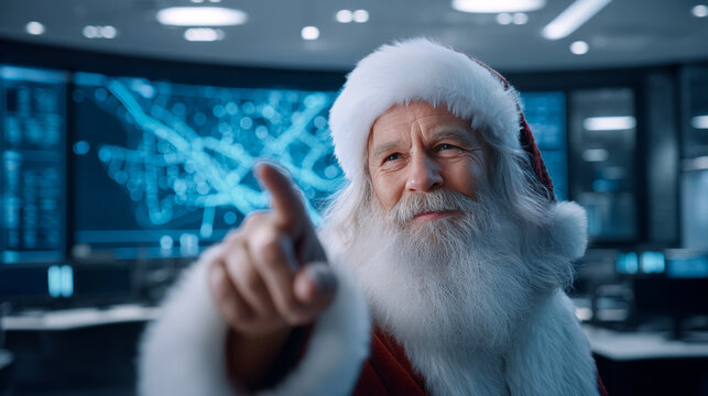 A high-tech Santa Claus with a digital map showing his gift delivery route in a modern control room. Merry Christmas and Happy New Year! A creative and unique Santa Claus image.