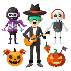 Halloween characters playing guitar and pumpkins isolated on white background silhouette