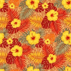 Tropical Hibiscus Floral Pattern with Autumnal Colors.