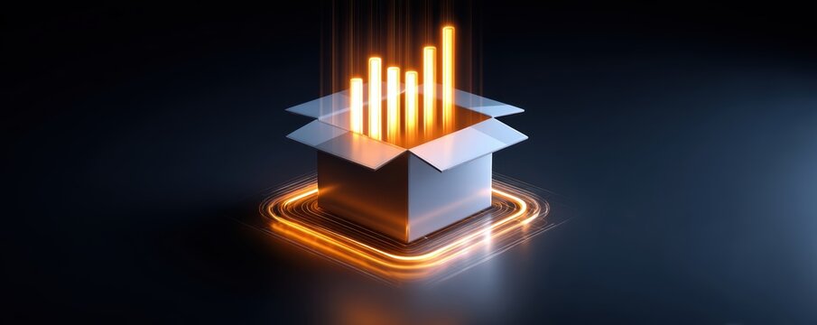 shipping transportation cost-effective. Box with glowing bars representing data or growth in a digital space.