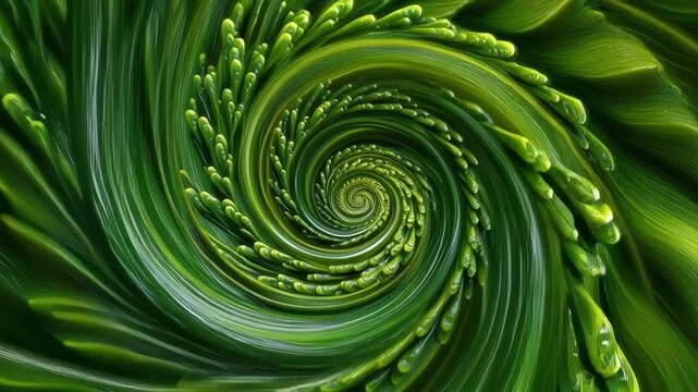 Mesmerizing spiral of green leaf with water droplet creating natural abstract pattern full of vibrant fresh energy and vibrant