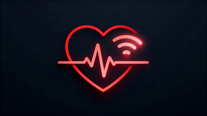 Neon heart with heartbeat line and wireless signal symbol glowing on dark background