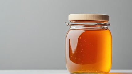 Honey Jar Still Life: Close-up of Glass Jar Filled with Golden Honey on Gray Background with Copy Space